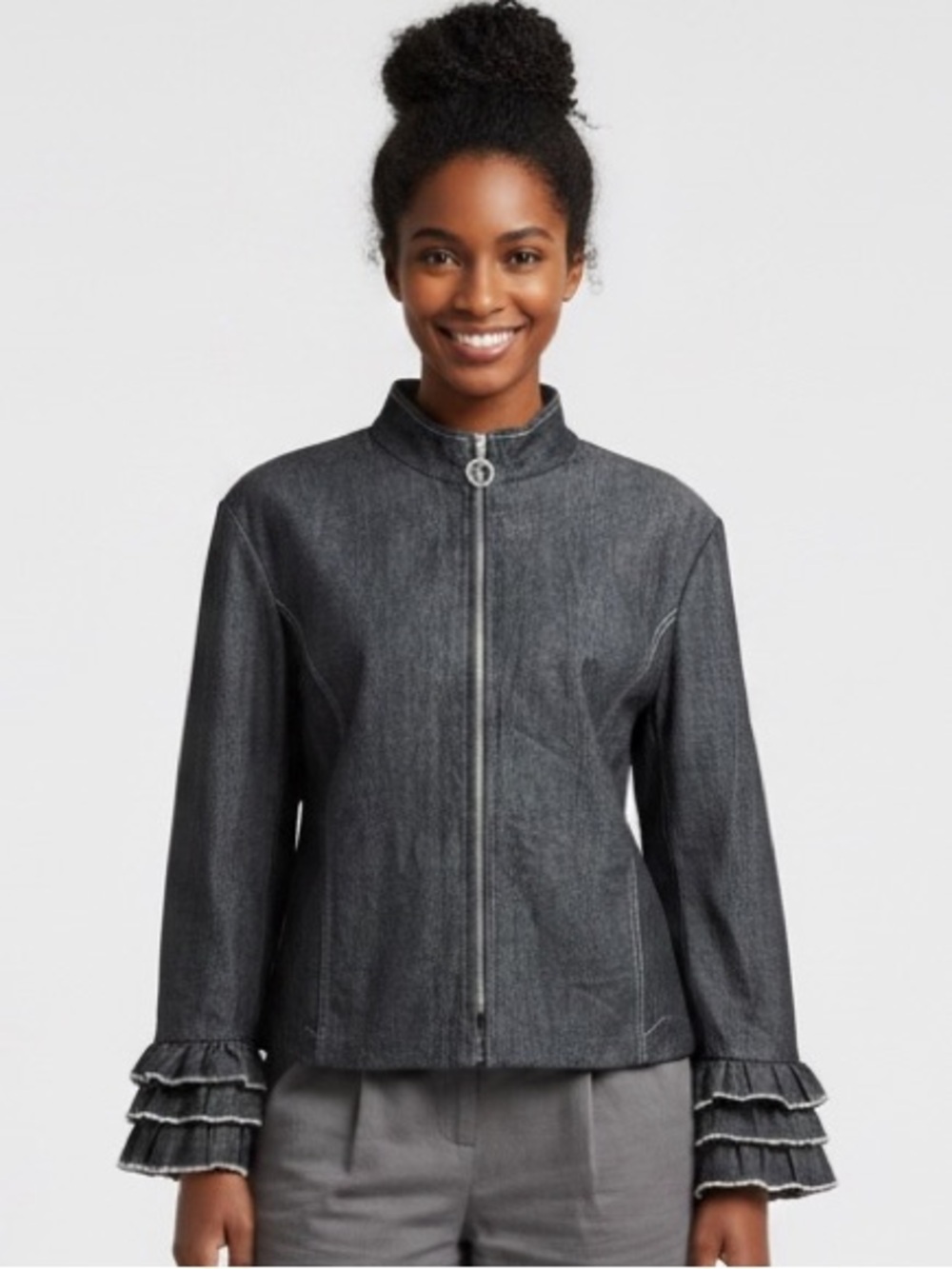 St John Charcoal Denim Ruffle Jacket XL